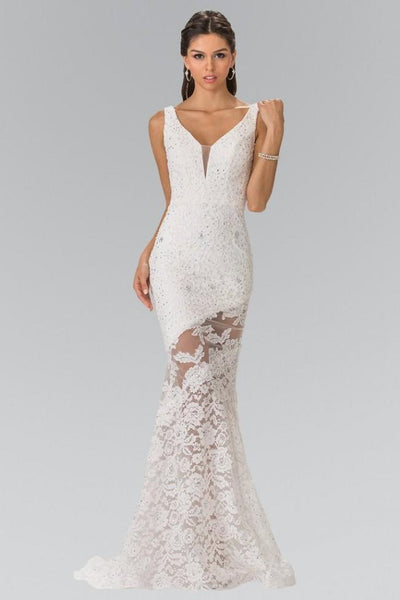 V-neck Lace Mermaid Natural Waistline Asymmetric Illusion Sleeveless Wedding Dress