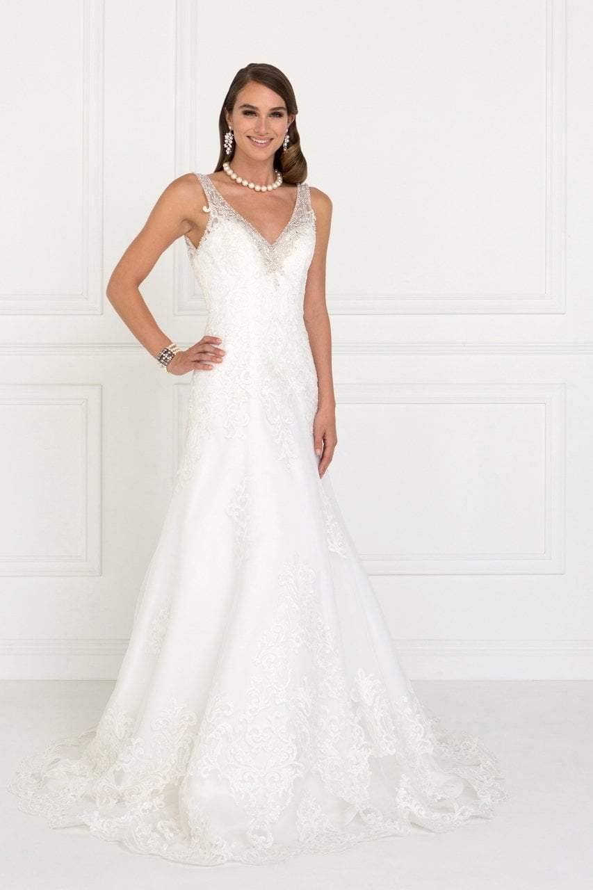Elizabeth K Bridal - GL2376 Jeweled V-neck Mesh A-line Wedding Gown
