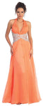A-line Natural Waistline Open-Back Jeweled Ruched Halter Floor Length Short Sleeveless Dress