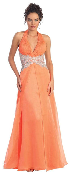 A-line Sleeveless Jeweled Ruched Open-Back Natural Waistline Halter Floor Length Short Dress