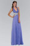 A-line Sleeveless Floor Length Short Ruched Jeweled Open-Back Halter Natural Waistline Dress
