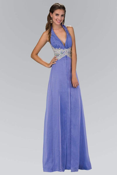 A-line Floor Length Short Halter Natural Waistline Ruched Open-Back Jeweled Sleeveless Dress