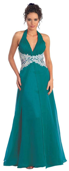 A-line Ruched Jeweled Open-Back Sleeveless Natural Waistline Halter Floor Length Short Dress
