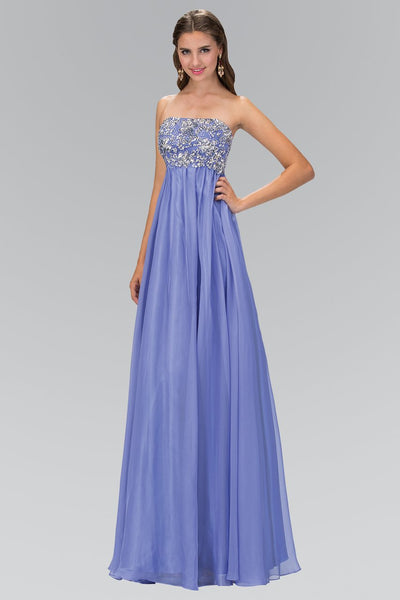 A-line Strapless Chiffon Open-Back Jeweled Beaded Sequined Gathered Empire Waistline Floor Length Dress