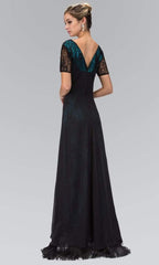 Elizabeth K - GL1081 Lace Embellished Short Sleeve V-neck Dress
