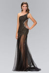 One Shoulder Natural Waistline Cutout Open-Back Crystal Asymmetric Jeweled Mesh Tulle Sheath Sheath Dress with a Brush/Sweep Train