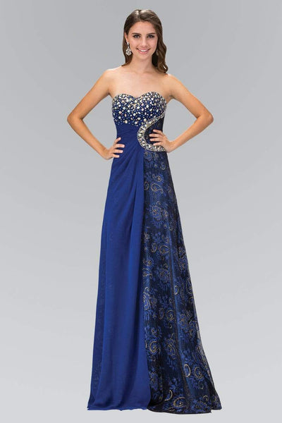 A-line Strapless Chiffon Floor Length Open-Back Fitted Pleated Crystal Natural Waistline Paisley Print Sweetheart Dress
