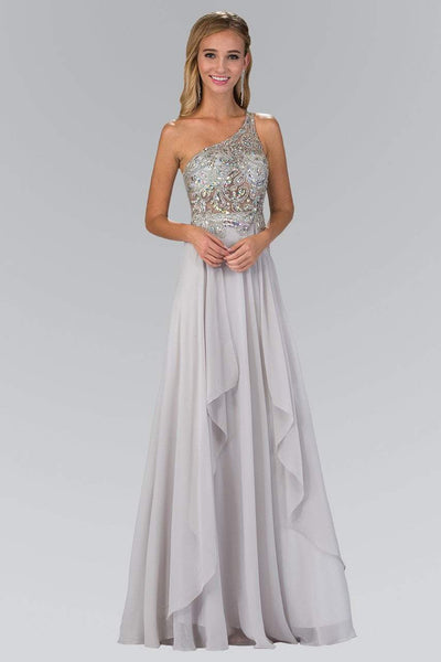 A-line Chiffon Bandeau Neck Natural Waistline One Shoulder Sheer Asymmetric Beaded Cutout Jeweled Floor Length Dress