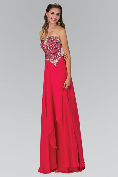 A-line Strapless Chiffon Natural Waistline Open-Back Fitted Beaded Asymmetric Jeweled Floor Length Sweetheart Dress