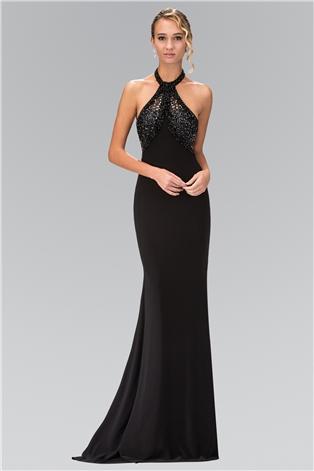 Elizabeth K - GL1330 Halter Neckline Beaded Black Gown
