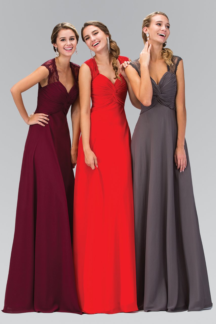 Elizabeth K - GL1376 Laced and Ruched V-Neck Chiffon Dress
