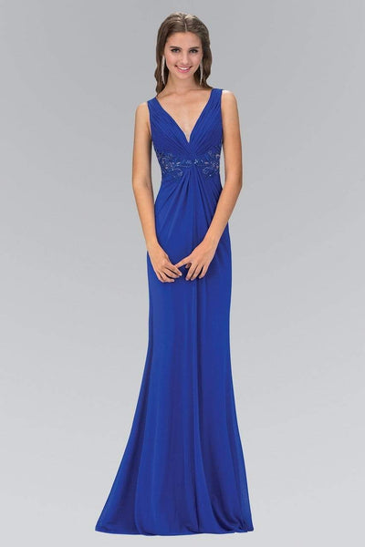 Sophisticated A-line V-neck Floor Length Sleeveless Ruched Sheer Beaded Gathered Empire Waistline Evening Dress