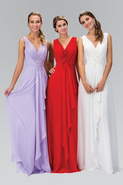 A-line V-neck Natural Waistline Floor Length Shirred Applique Pleated Ruched Dress