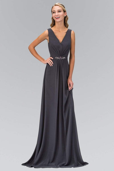 Sophisticated A-line V-neck Chiffon Sleeveless Jeweled V Back Pleated Elasticized Natural Waistline Dress