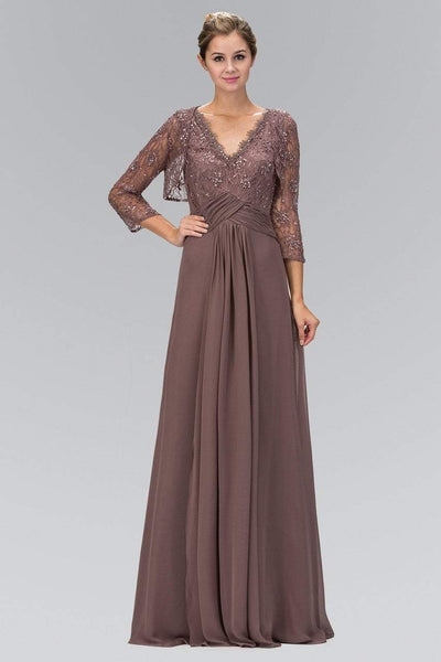 Modest A-line V-neck Floor Length Natural Waistline Lace Gathered Ruched Open-Back Pleated Sheer Beaded Floral Print Dress