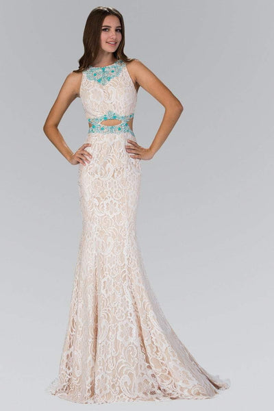 Lace Jeweled Neck Mermaid Sleeveless Natural Waistline Belted Cutout Beaded Fitted Wrap Back Zipper Evening Dress