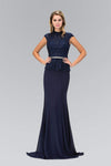 High-Neck Cap Sleeves Floor Length Beaded Peplum Sheer Cutout Belted Lace Sheath Sheath Dress