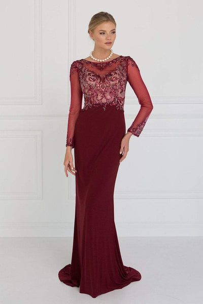 Sophisticated Modest Floor Length Sheath Bateau Neck Sweetheart Beaded Fitted Illusion Mesh Sequined Back Zipper Sheer Jeweled Natural Waistline Jersey Long Sleeves Sheath Dress/Evening Dress with a B