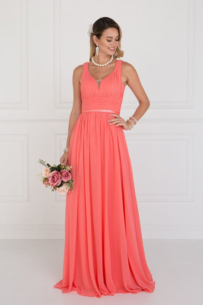 Sophisticated A-line Sleeveless Floor Length Plunging Neck Sweetheart Open-Back Ruched Pleated Illusion Back Zipper Empire Waistline Dress With a Ribbon