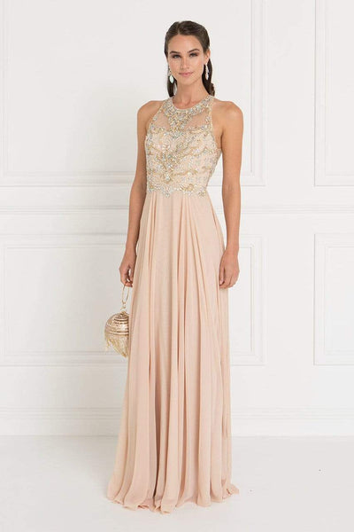 A-line Halter Sweetheart Chiffon Beaded Jeweled Illusion Back Zipper Open-Back Sheer Floor Length Sleeveless Natural Waistline Dress