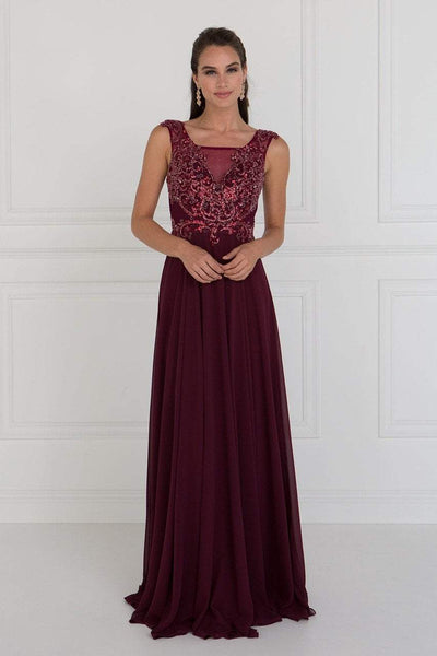 A-line Chiffon Natural Waistline Square Neck Sleeveless Floor Length Short Back Zipper V Back Beaded Sheer Evening Dress