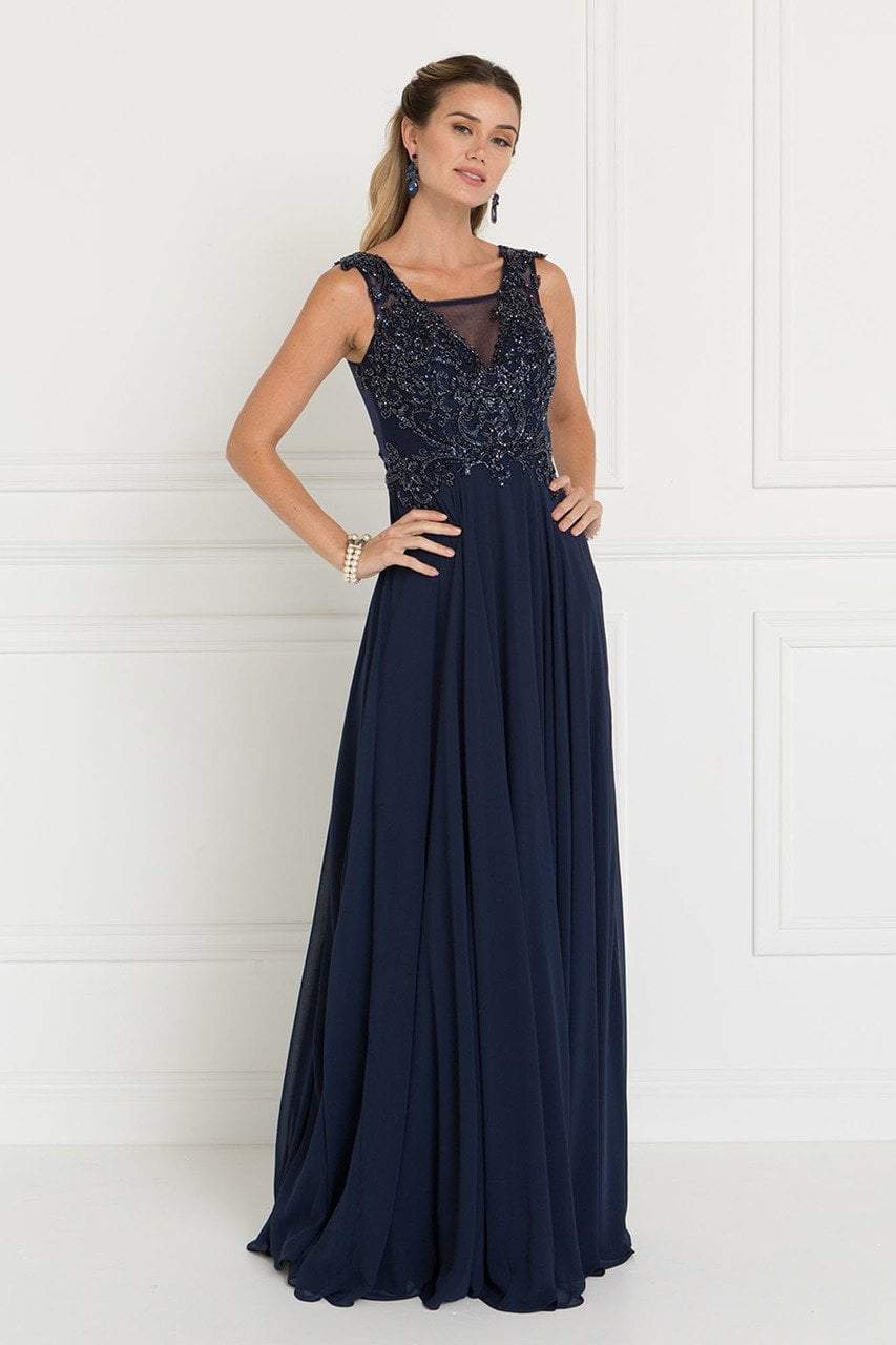 Elizabeth K - GL1566 Beaded Square Neck Chiffon A-line Dress
