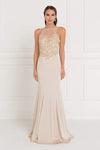 Sophisticated Charmeuse Sleeveless Natural Waistline Sheath Fitted Sequined Beaded Illusion Sheer Back Zipper Halter Sheath Dress