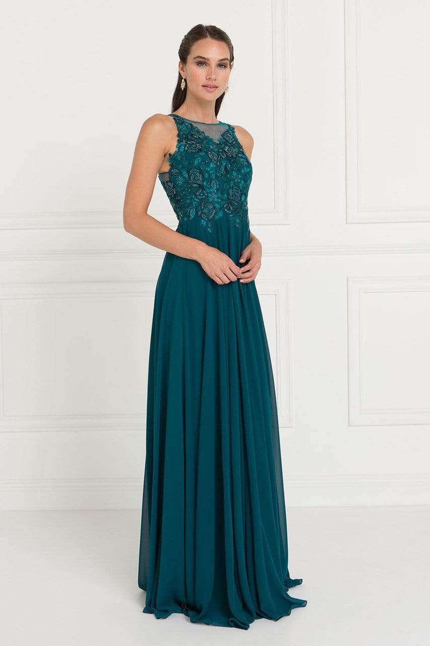 Elizabeth K - GL1570 Embroidered Illusion Halter Chiffon A-line Dress
