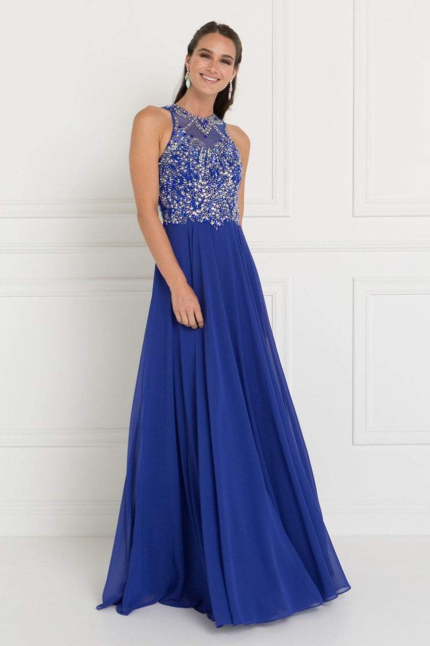 Elizabeth K - GL1572 Embellished Illusion Jewel Chiffon A-line Dress
