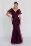 V-neck Fitted Embroidered Open-Back Sheer Tulle Mermaid Flutter Sleeves Dress With Rhinestones by Elizabeth K