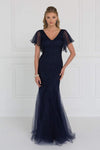 V-neck Embroidered Open-Back Sheer Fitted Flutter Sleeves Mermaid Tulle Dress With Rhinestones by Elizabeth K