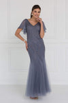 V-neck Flutter Sleeves Embroidered Sheer Open-Back Fitted Mermaid Tulle Dress With Rhinestones by Elizabeth K
