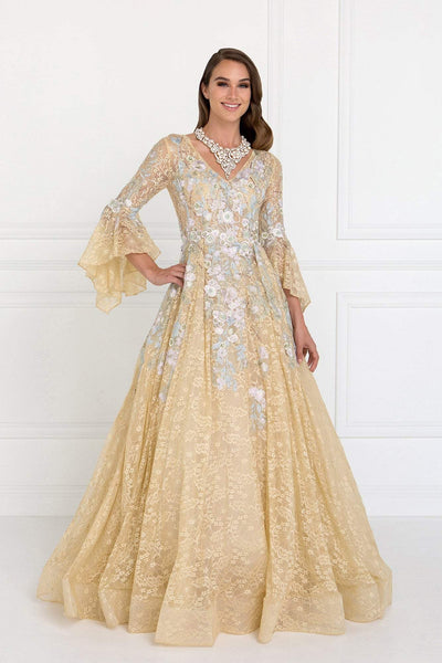 V-neck Back Zipper Beaded Illusion Embroidered Asymmetric Sheer Applique Floral Print Long Sleeves Floor Length Natural Waistline Lace Dress with a Brush/Sweep Train