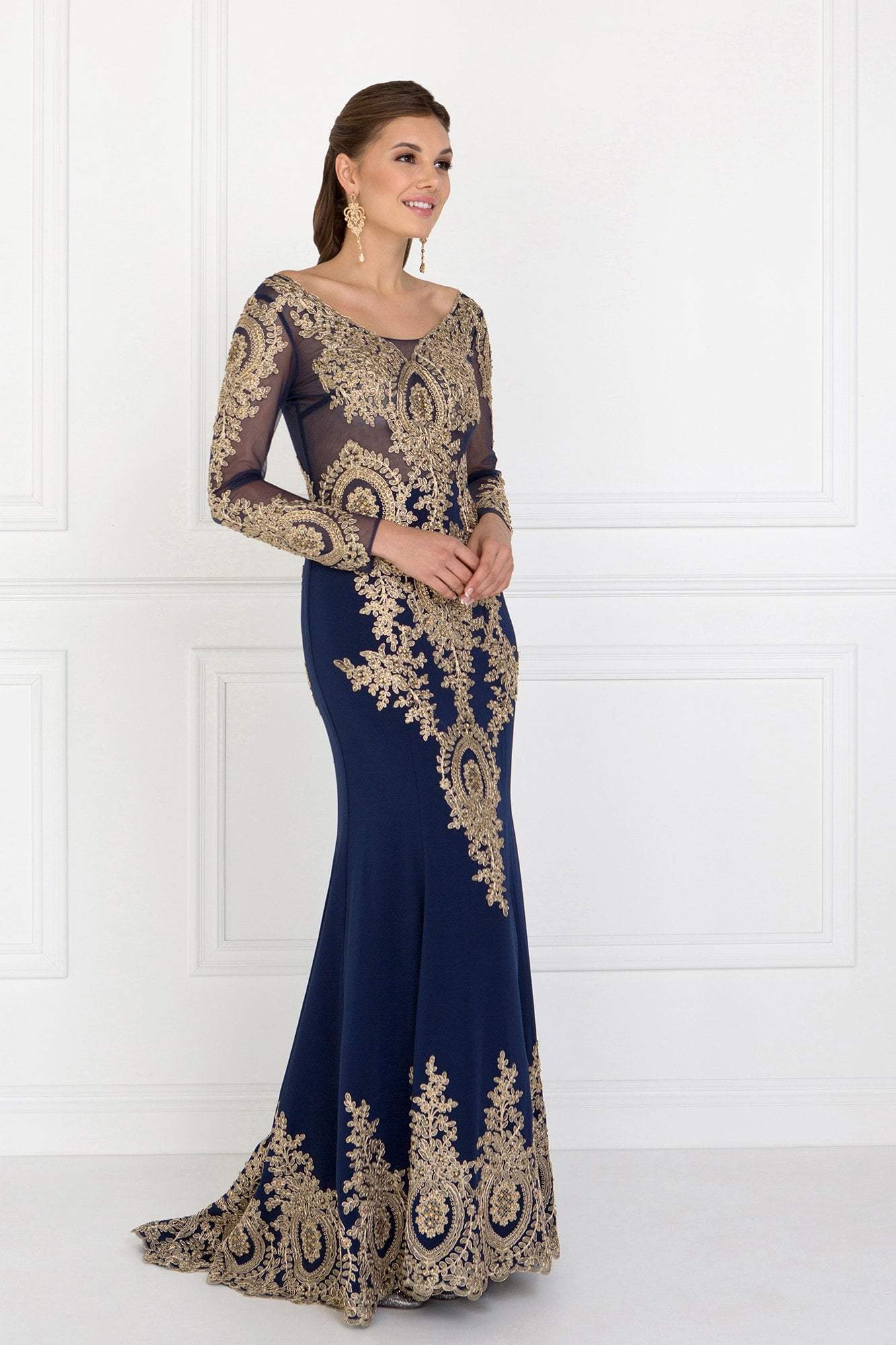 Elizabeth K - GL1597 Illusion Long Sleeve Gilded Lace Sheath Gown
