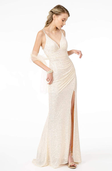 Sexy V-neck Floor Length Empire Waistline Sheath Ruched Sequined Open-Back Fitted Slit Plunging Neck Sleeveless Spaghetti Strap Bodycon Dress/Sheath Dress with a Brush/Sweep Train