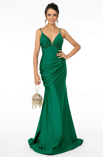 V-neck Sleeveless Spaghetti Strap Mermaid Gathered Ruched Open-Back Back Zipper Draped Empire Waistline Jersey Dress with a Brush/Sweep Train With a Sash