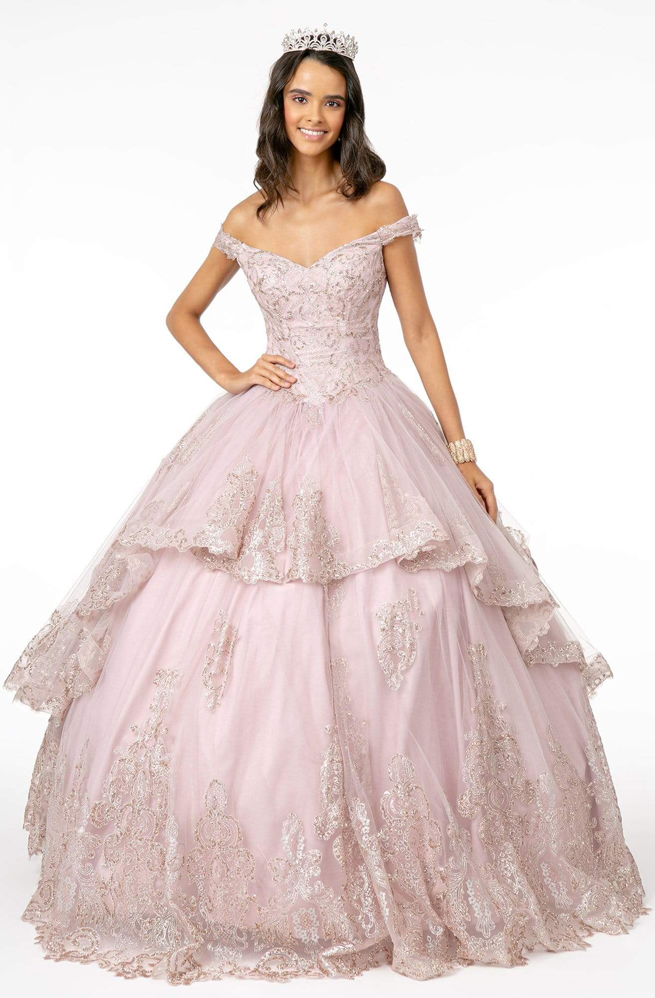 Elizabeth K - GL1819 Glitter Lace Appliqued Off Shoulder Ballgown
