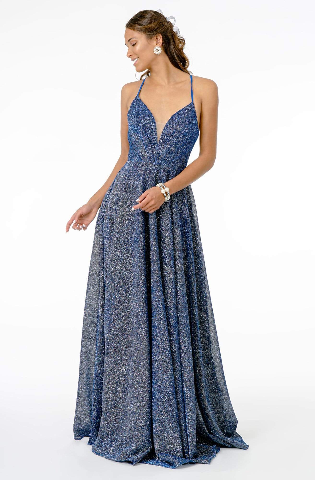 Elizabeth K - GL1828 Plunging Pleat-Ornate Bodice Glitter Lame Gown
