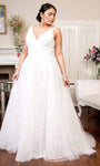 A-line V-neck Sleeveless Floor Length V Back Embroidered Mesh Fitted Plunging Neck Natural Waistline Lace Wedding Dress with a Brush/Sweep Train