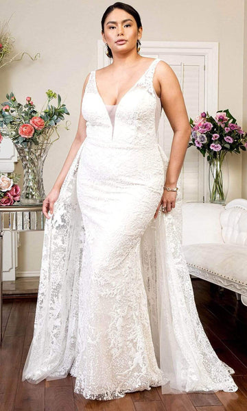 V-neck Sleeveless Plunging Neck Mesh Embroidered Fitted Sheer V Back Glittering Natural Waistline Fit-and-Flare Mermaid Wedding Dress with a Brush/Sweep Train