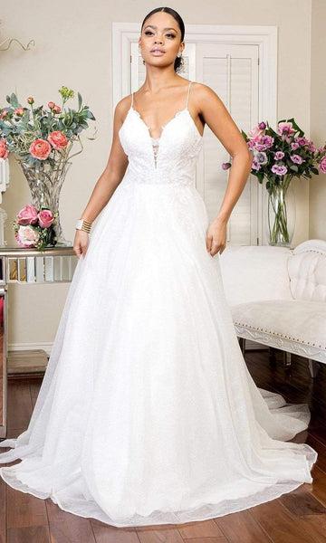 A-line V-neck Glittering Mesh Fitted Beaded Floor Length Natural Waistline Sleeveless Spaghetti Strap Plunging Neck Wedding Dress with a Brush/Sweep Train