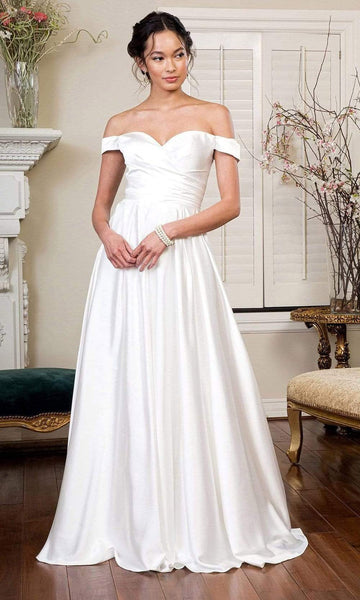 A-line Satin Open-Back Pleated Back Zipper Flutter Sleeves Off the Shoulder Natural Waistline Sweetheart Wedding Dress