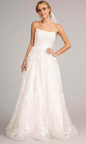 Sexy A-line Sleeveless Spaghetti Strap Natural Waistline Floral Print Back Zipper Fitted Applique Mesh Straight Neck Wedding Dress