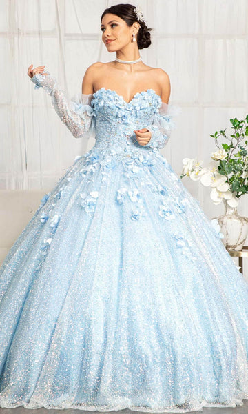 Strapless Floral Print Floor Length Basque Corset Natural Waistline Sweetheart Long Sleeves Sequined Open-Back Sheer Applique Lace-Up Fitted Ball Gown Quinceanera Dress/Party Dress With Ruffles