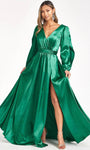 Sexy Sophisticated A-line V-neck Satin Bishop Sleeves Natural Waistline Gathered Ruched Wrap Slit Back Zipper Open-Back Shirred Evening Dress with a Brush/Sweep Train