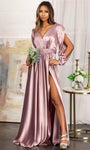 Sexy Sophisticated A-line V-neck Satin Natural Waistline Bishop Sleeves Back Zipper Open-Back Shirred Slit Wrap Gathered Ruched Evening Dress with a Brush/Sweep Train