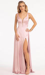 A-line V-neck Sleeveless Floor Length Plunging Neck Natural Waistline Goddess Sheer Back Zipper Slit Open-Back Illusion Cutout Draped Satin Prom Dress