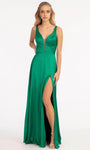 A-line V-neck Plunging Neck Draped Back Zipper Cutout Illusion Open-Back Slit Sheer Goddess Sleeveless Satin Floor Length Natural Waistline Prom Dress