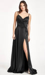 Sexy A-line V-neck Gathered Back Zipper Slit Pleated Open-Back Faux Wrap Floor Length Natural Waistline Satin Spaghetti Strap Bridesmaid Dress/Prom Dress