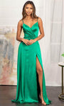 Sexy A-line V-neck Floor Length Satin Pleated Open-Back Faux Wrap Slit Gathered Back Zipper Spaghetti Strap Natural Waistline Bridesmaid Dress/Prom Dress